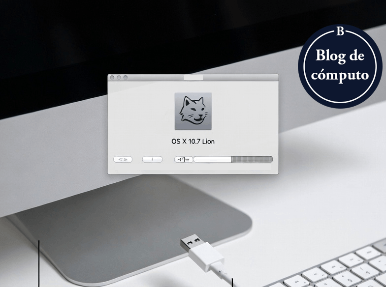 Mac antigua con un USB de arranque conectado y una línea de tiempo que marca OS X Lion y macOS High Sierra, representando una guía retro para crear USB de instalación.