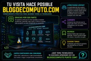 Infografía neon de BlogDeComputo con secciones: agradecer, apoyar, compartir y sugerir temas, en español.