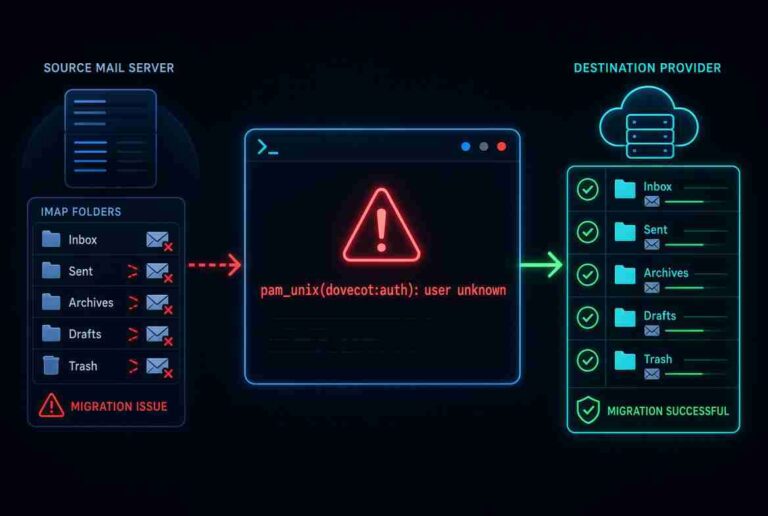 Left: source mail server with folders (Inbox, Sent, Archives, Drafts, Trash); center shows red warning 'pam_unix(dovecot:auth): user unknown'; right: destination provider with folders and 'Migration Successful' stamp, arrows indicating flow across.